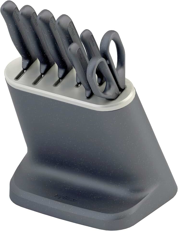 Zyliss 8 Piece Knife Set with Block, 8 Piece Set, 6 Kitchen Knives, 1 Scissors, 1 Block, Sharp Japanese Stainless Steel, Non Slip Base, Includes Paring, Serrated Paring, Santoku, Small and Large Chef