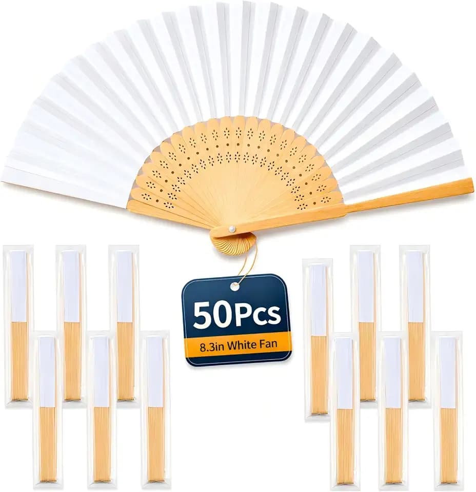 50 Pack White Paper Hand Fan Individually Wrapped, Bamboo Foldable Hand Fan