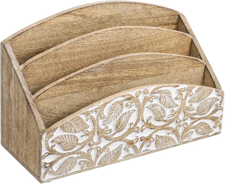 MyGift 3 Tier Rustic Solid Mango Wood Desk Mail Holder and Stationery Sorter with Hand Carved Leaf Pattern, Decorative Office Desktop Document Storage Organizer - Handcrafted in India