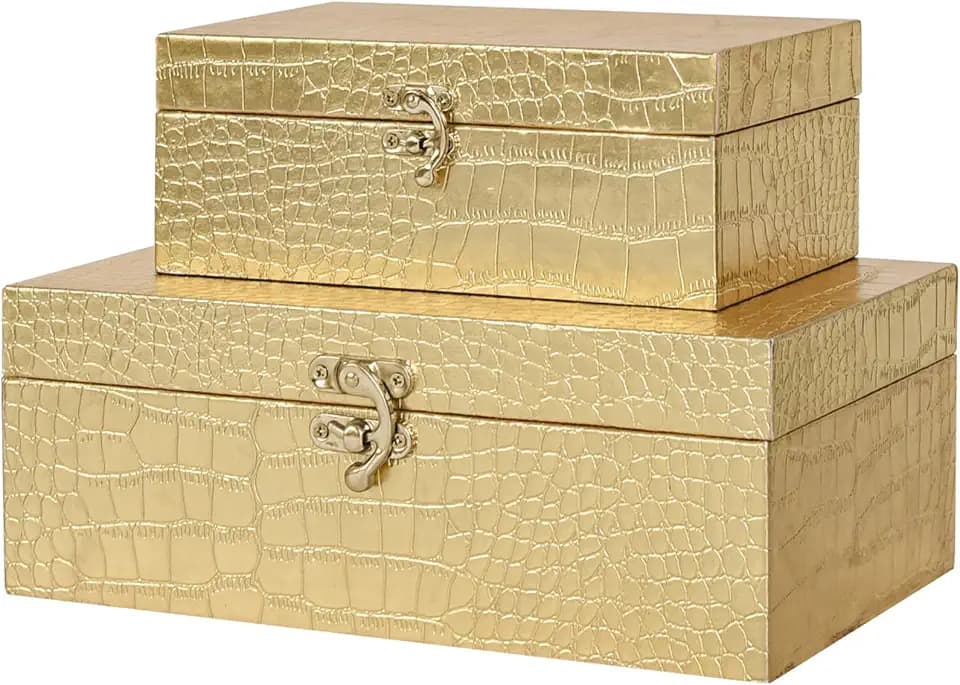 Set of 2 Wooden Decorative Nesting Storage Boxes, Gold Crocodile Leather with Clasp for Home Kitchen Living Room, Ideal Gift for Wedding Memories Jewelry Trinket