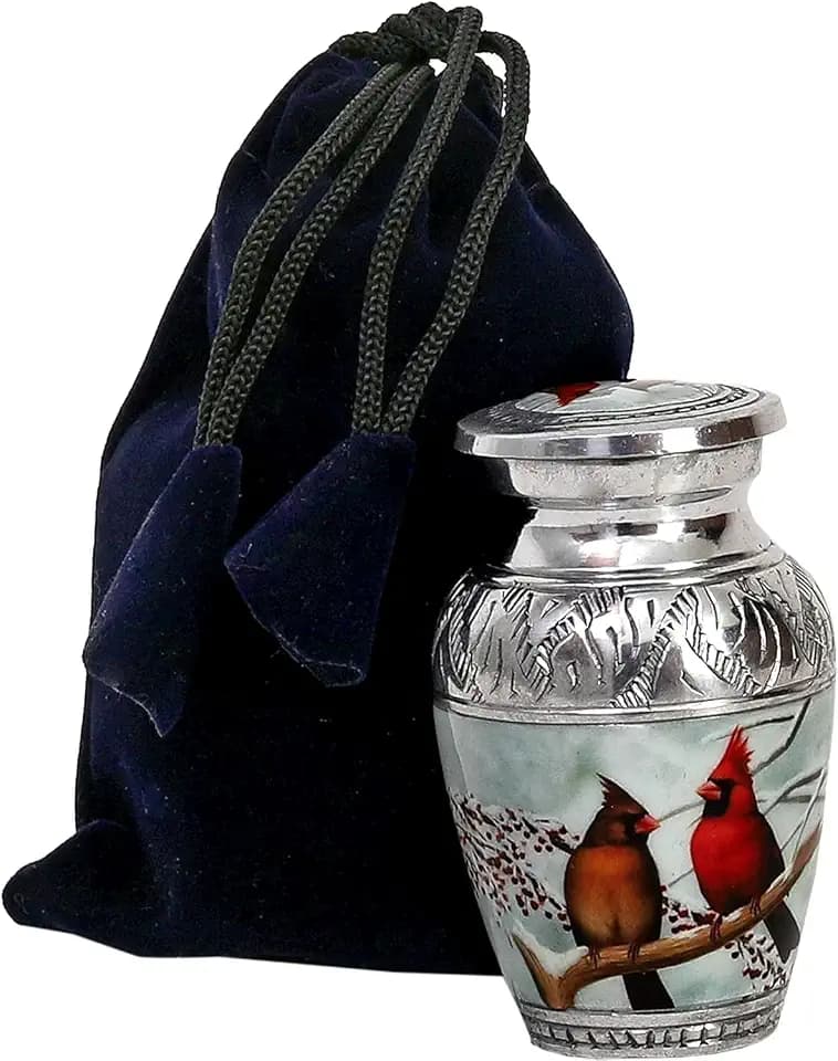 HLC Beautiful Small Cardinal Couple Bird Keepsake Urn - Memorial for Human Ashes with Velvet Box Bag - Peaceful Engraved Mini Affordable Urn (4.5 in) (Large)