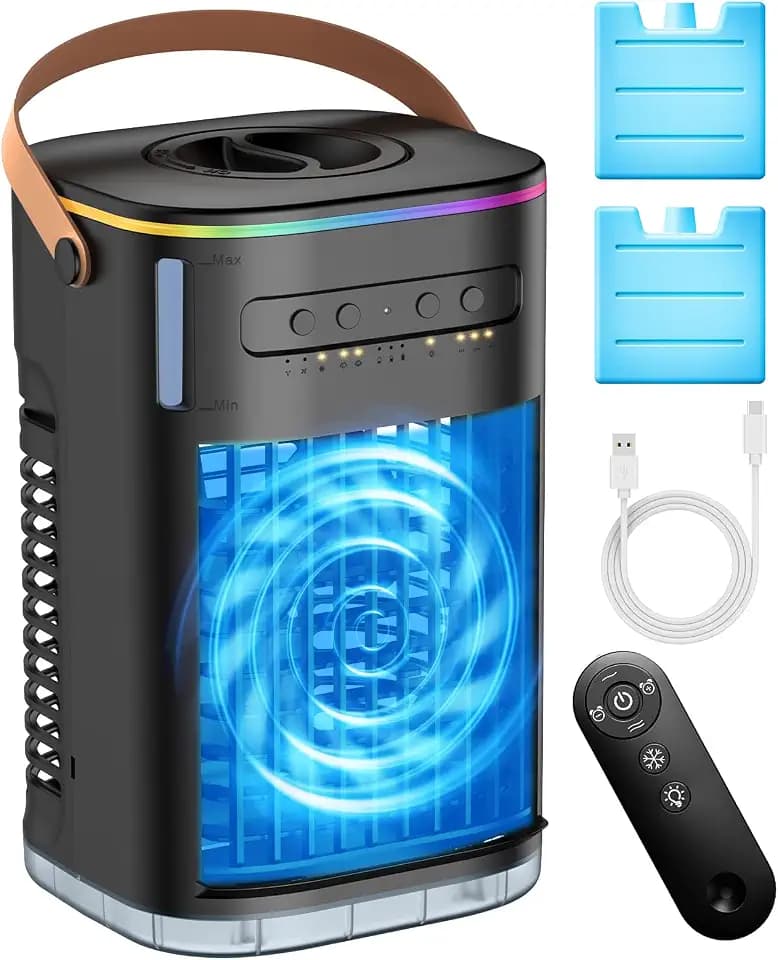 4-IN-1 Small Air Conditioner w/ 2Ice Packs, 16.5ft Remote, 1200ML Tank, 7H Smart Timer, 3Speed & 2Cool Mist Up to 100Sq.ft Personal Air Conditioner, 7Color Light Portable AC Unit for Bedrooms