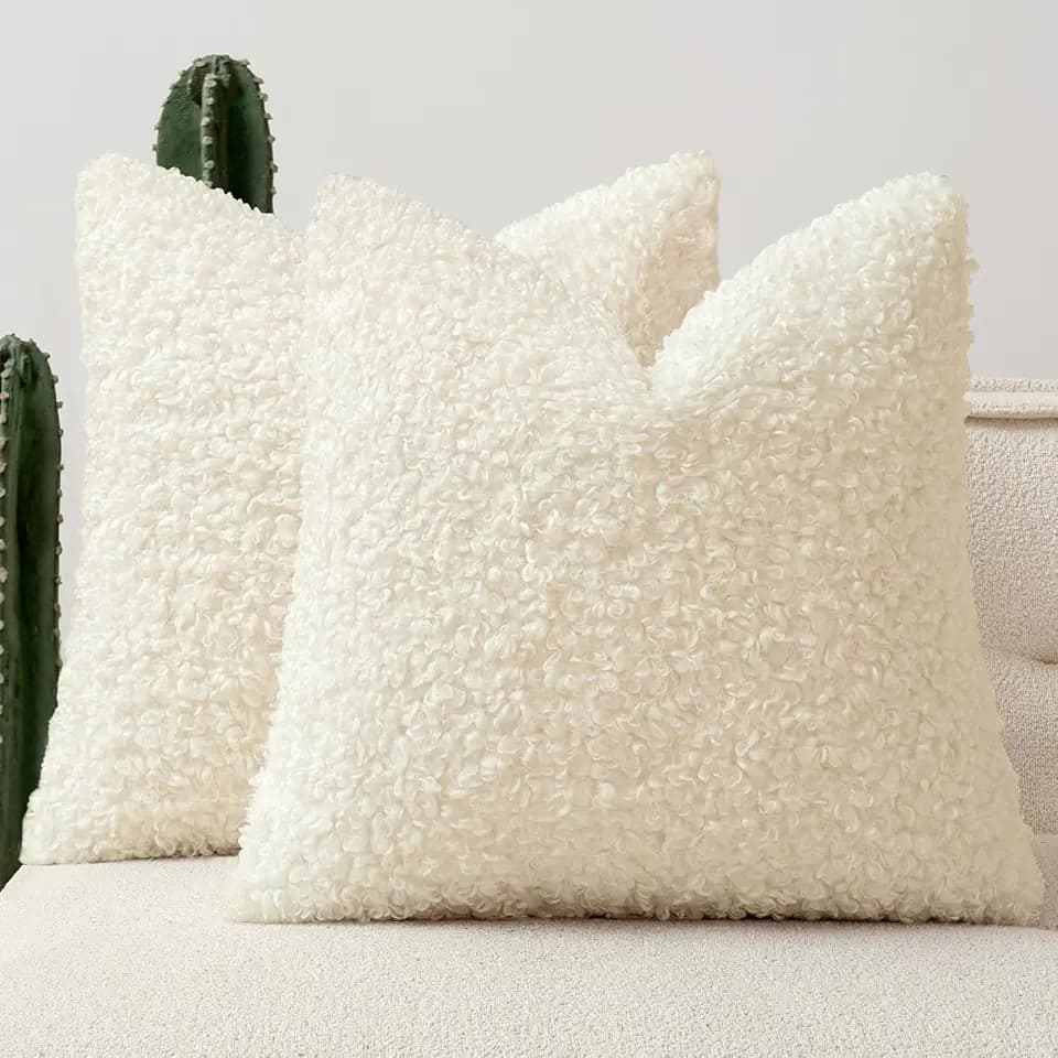 Set of 2 Faux Fur Throw Pillow Covers 18x18 Inch, Cream White