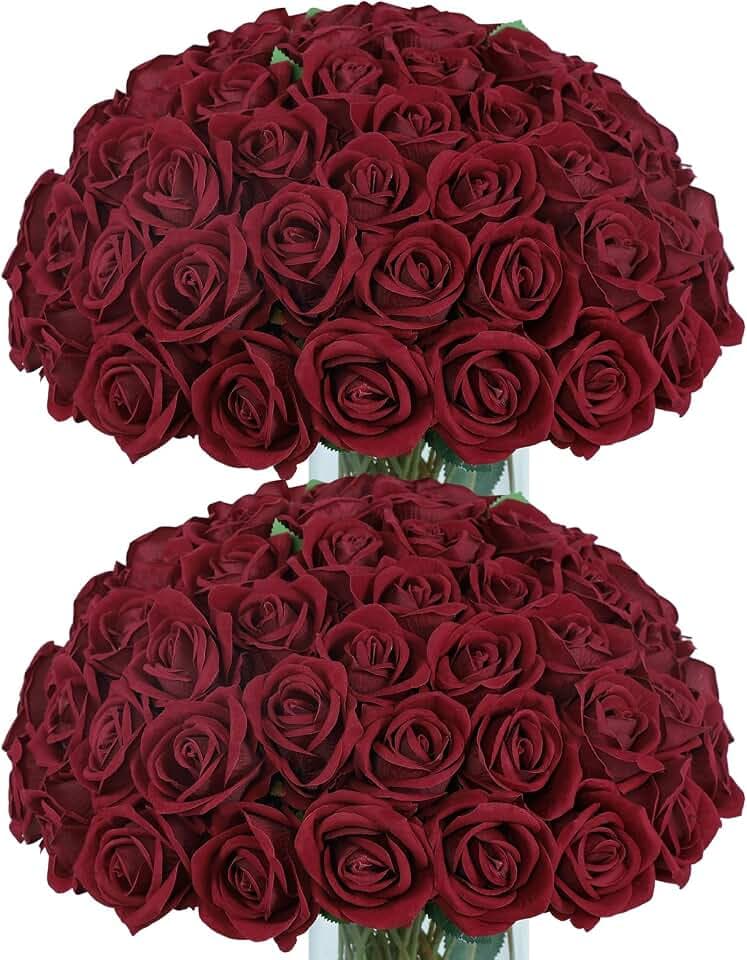 Coferset 50pcs Velvet Artificial Roses Flowers in Bulk,Burgundy