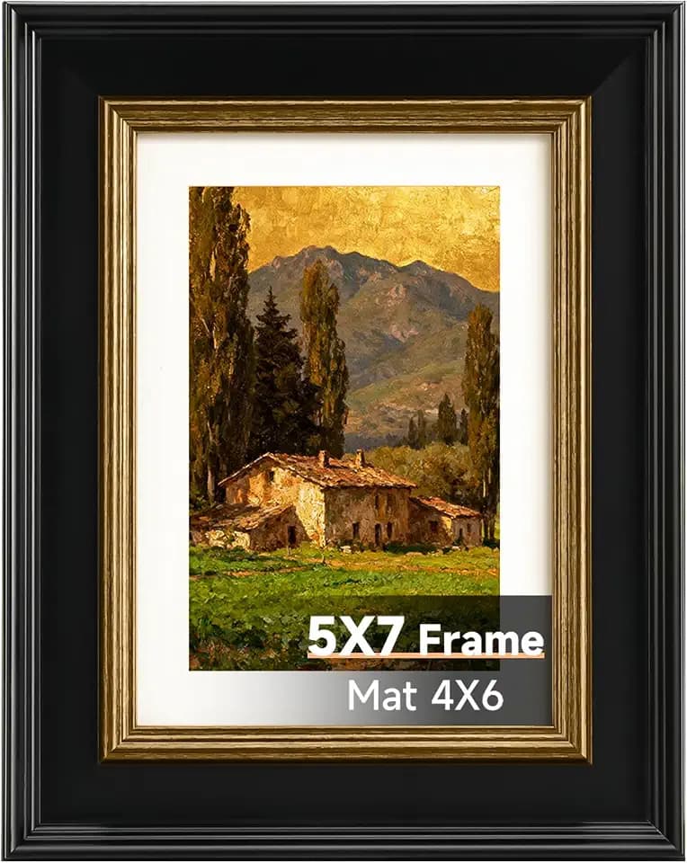 Splinterix 5x7 Black Picture Frame, 5 x 7 Vintage Frame with Mat, Gold Trim