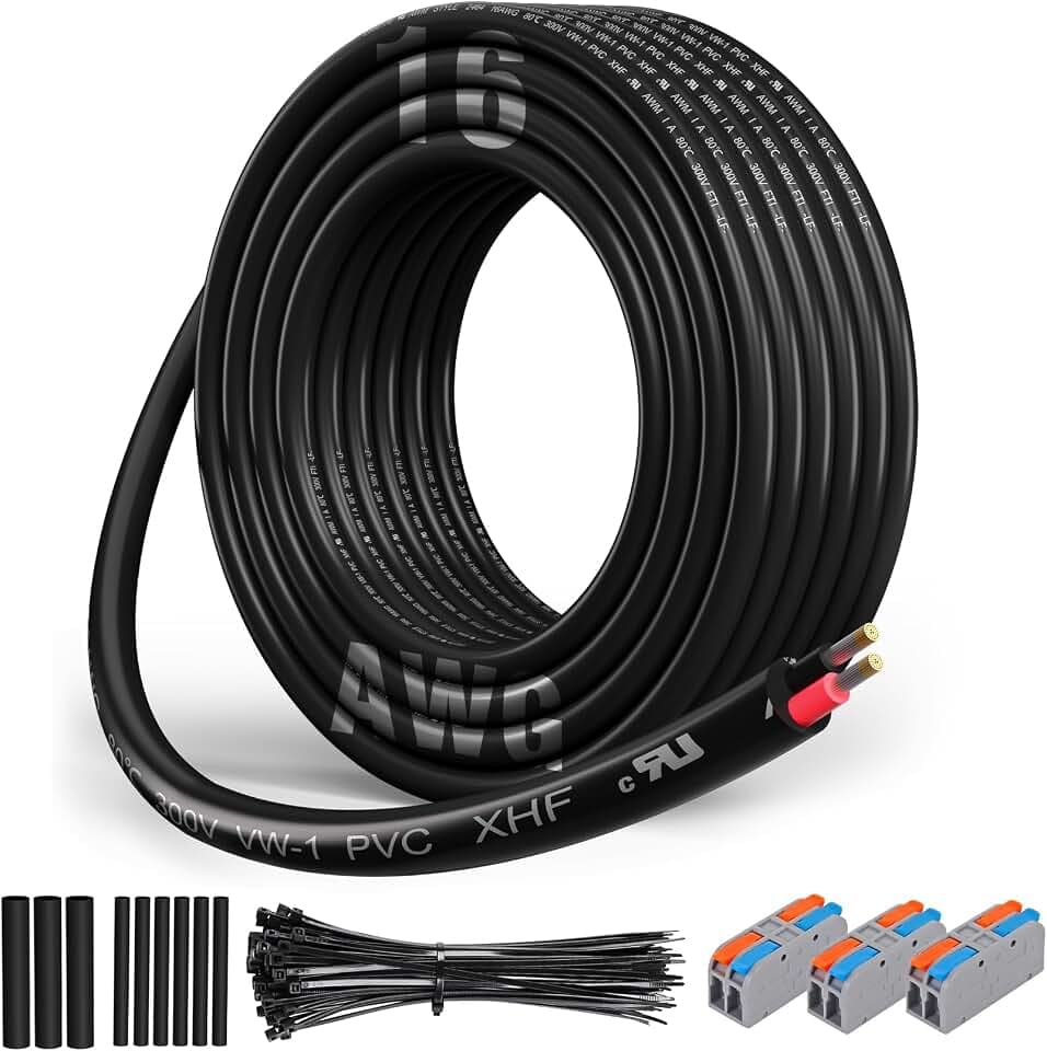 XHF UL Listed 16 Ga Wire 2 Conductor Electrical Wire Tinned Copper Stranded PVC Cord for Automotive Lamp Cord Wire Marine Cable RV 30Ft Black