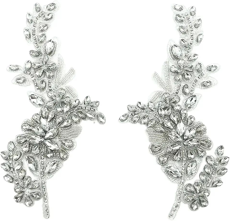 1 Pair Handmade Flower Rhinestone Applique for Clothes, Crystal Fabric Patches for Wedding Dress, Bling Beaded Embroidery Lace Applique for Hat Hairband Sewing Embellishment (Silver)
