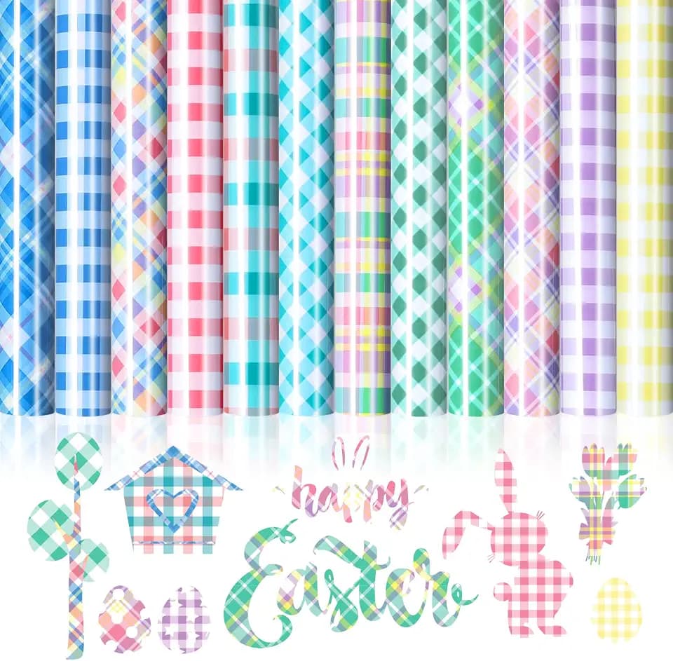 Whaline 12 Sheet Easter Colorful Heat Transfer Vinyl Buffalo Plaid Iron on Sheets Checkered HTV Adhesive Craft Vinyl for Spring Easter Summer Clothing Costume DIY Fabric Craft, 9.6 x 11.8 Inch