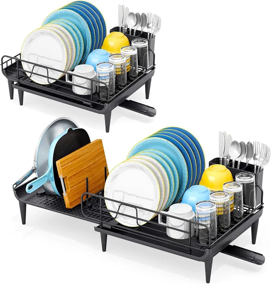 TOOLF Large Expandable Dish Drying Rack for Kitchen Counter, Black
