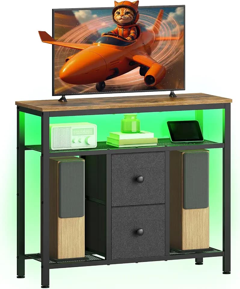 YATINEY TV Stand with LED Lights, Dresser TV Stand, Tall Entertainment Center with 2 Fabric Drawers, TV Media Console Table, for Living Room, Bedroom, Black and Rustic Brown DS10DBR