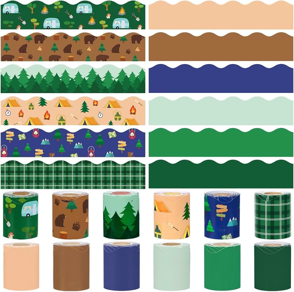 393FT Camping Hiking Bulletin Board Border Back to School Green Tree Bear Tent Decoration Camping Fire Outdoor Adventure Themed Scalloped Borders Trim for Home Classroom Chalkboard Party Wall Decor