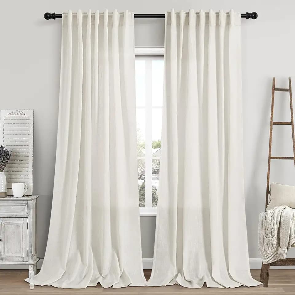 Cream Linen Curtains 101 Inches Long for Living Room Extra Long Back Tab Curtains Neutral Farmhouse Light Filtering Semi Sheer Linen Drapes Ceiling to Floor for Large Window 2 Panels Set 52x101
