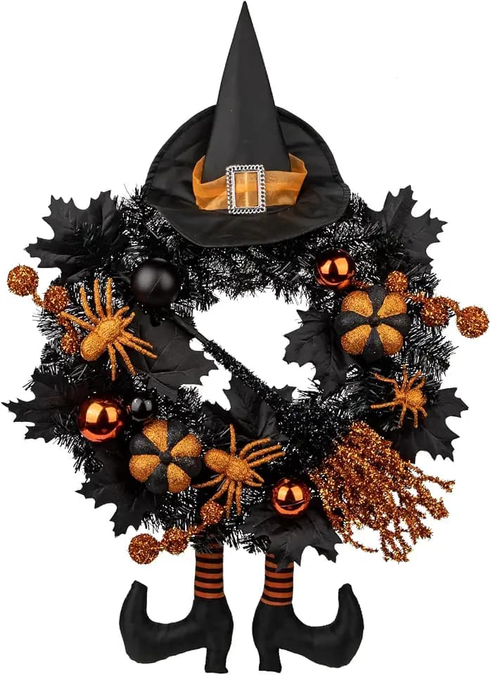 Halloween Wreath for Front Door 20" Tinsel Black Witch Wreath with Hat Legs and Orange Pumpkin for Fall Autumn Indoor Window Door Thanksgiving Halloween Decorations