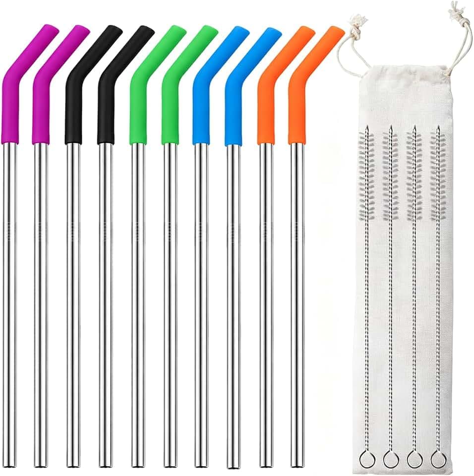 Lazycorner 10 Pcs Metal Straw Reusable 8.5" 6mm Stainless Steel Straws,20oz-32oz, Silver Drinking Straws with Silicone Tips, 4 Straw Cleaner Brush, 1 Travel Case