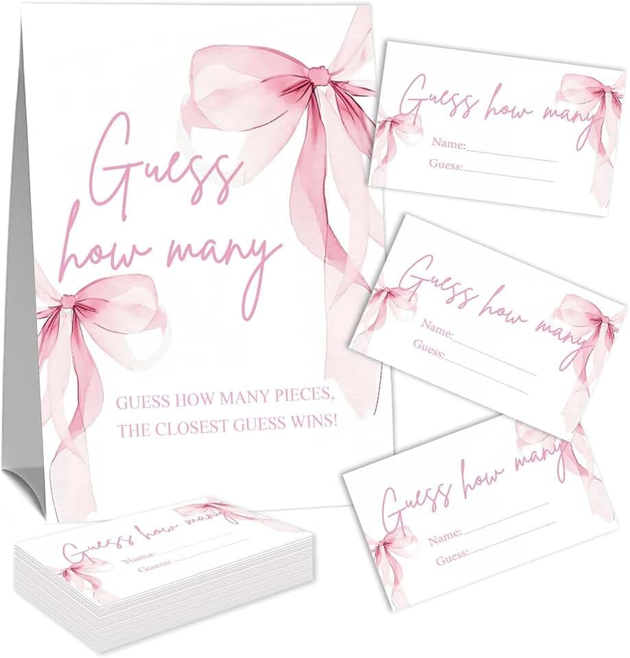 Pink Bow Guess How Many Party Supplies Bow Theme Decorations for Bachelorette Bridal Engagement Wedding Girl Baby Shower Bow Theme Party Decor Include 1 Standing Sign & 50 Guessing Cards