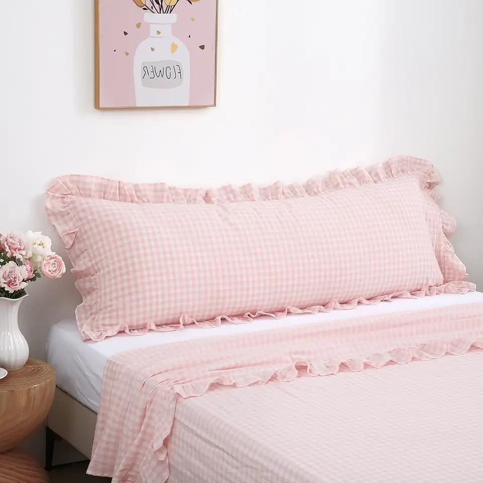 Blush White Gingham Ruffle Body Pillow Cover 20"x54"