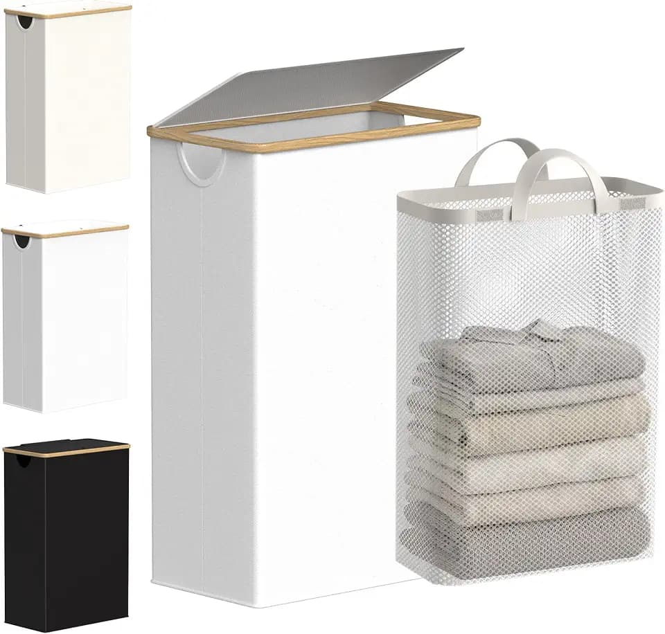 efluky Slim Laundry Basket with Lid, Narrow Laundry Hamper with Removable Bag, Skinny Dirty Clothes Basket with Bamboo Handles for Bathroom, Bedroom & Laundry Room, 75L White