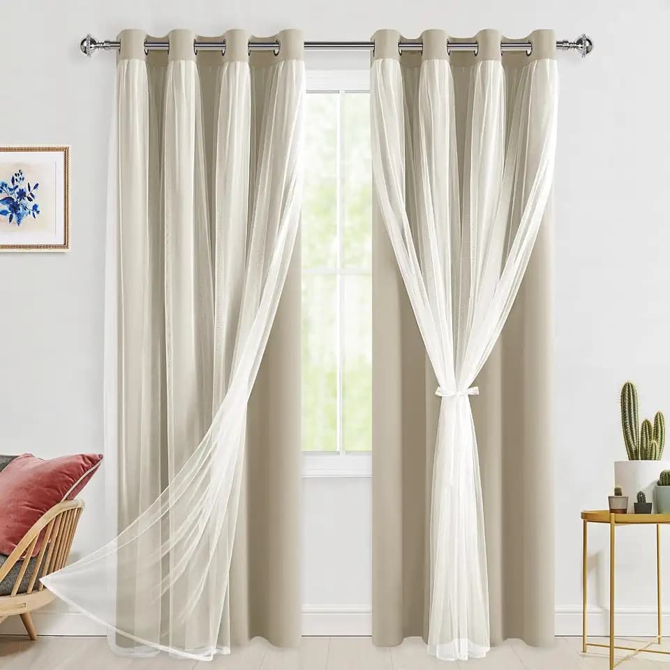 Hiasan Blackout Curtains with Sheer Overlay, Taupe, 52W X 84L, 2pcs