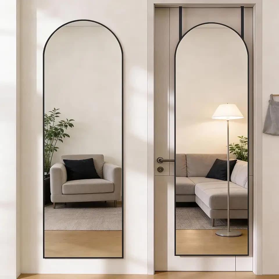 DUMOS 47"x14" Full Length Door Mirror, Arched Full Body Mirror, Black