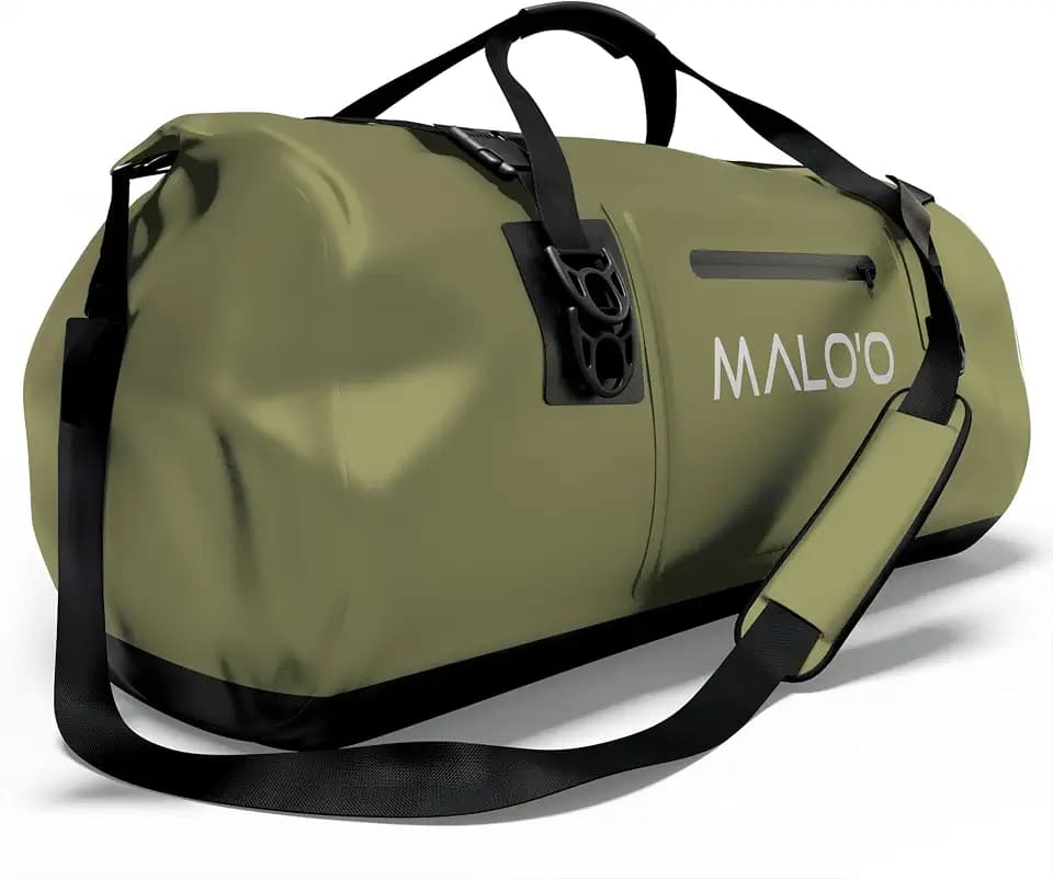 Malo’o Waterproof Dry Duffel, Heavy-Duty Roll Top Waterproof Gear Bag with Shoulder Strap & Molle Loops, Marine Duffel for Kayaking, Boating, Camping, Beach & Travel, Dark Green, 60L