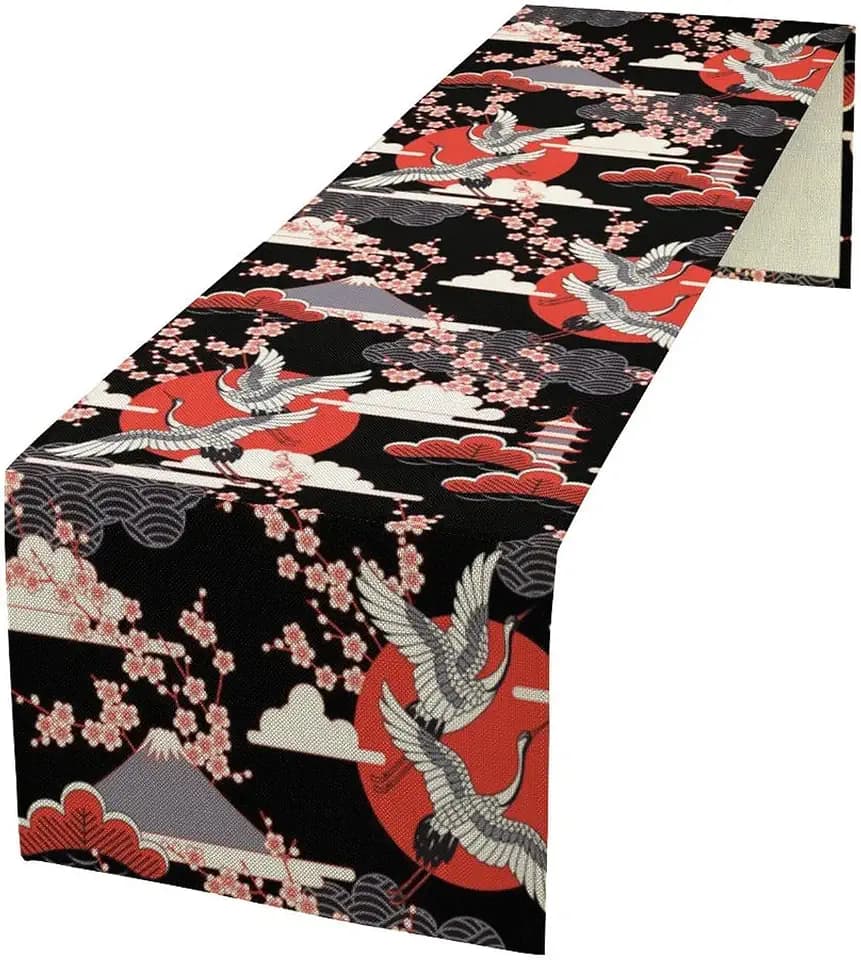 Japanese Crane Bird Table Runner, Oriental Pink Cherry Blossoms Flower Retro Luxury Line Art Table Runner for Kitchen Dining Table Party Decor, 13x108inch