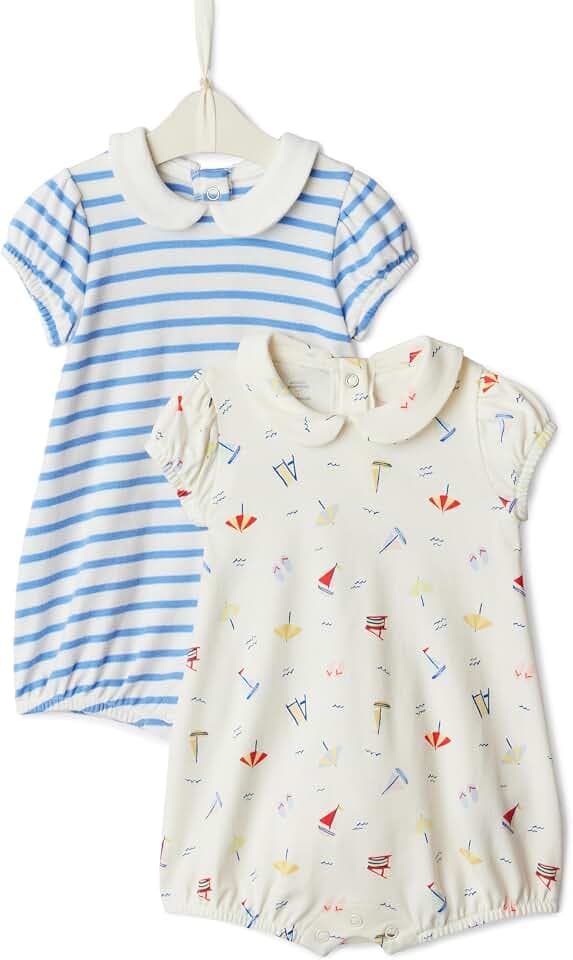 Amazon Essentials x Sofia Grainge Baby Girls' Cotton Short Sleeve Romper with Peter Pan Collar, Pack of 2