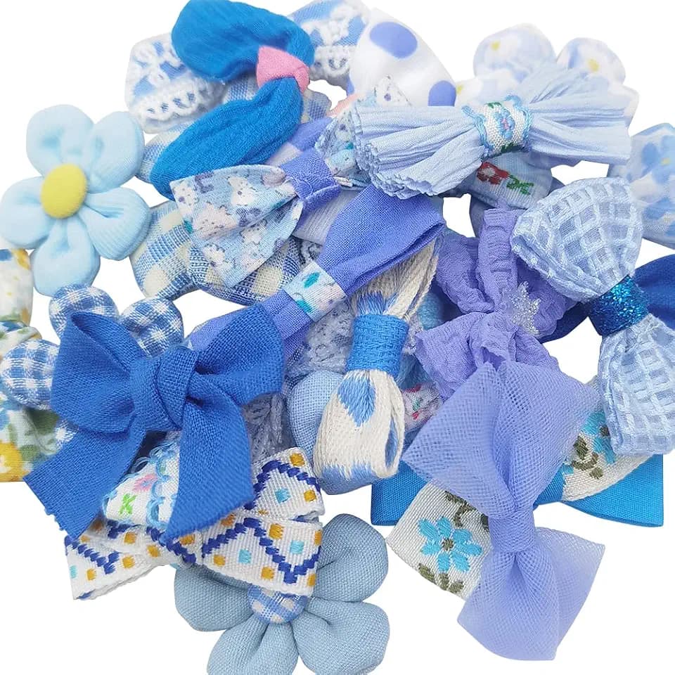 Chenkou Craft Mix Bulk Random 20pcs Blue Fabric Ribbon Flowers Bows Craft Wedding Ornament Appliques (Blue)