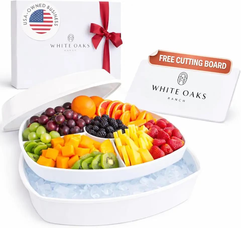 Chilled Serving Tray with Lid 15" - 3-Tier Ice Party Platter with 4 Compartments, Ice Tray, BPA-Free Melamine, Dishwasher & Freezer Safe for Fruits & Vegetables - Cutting Board Included
