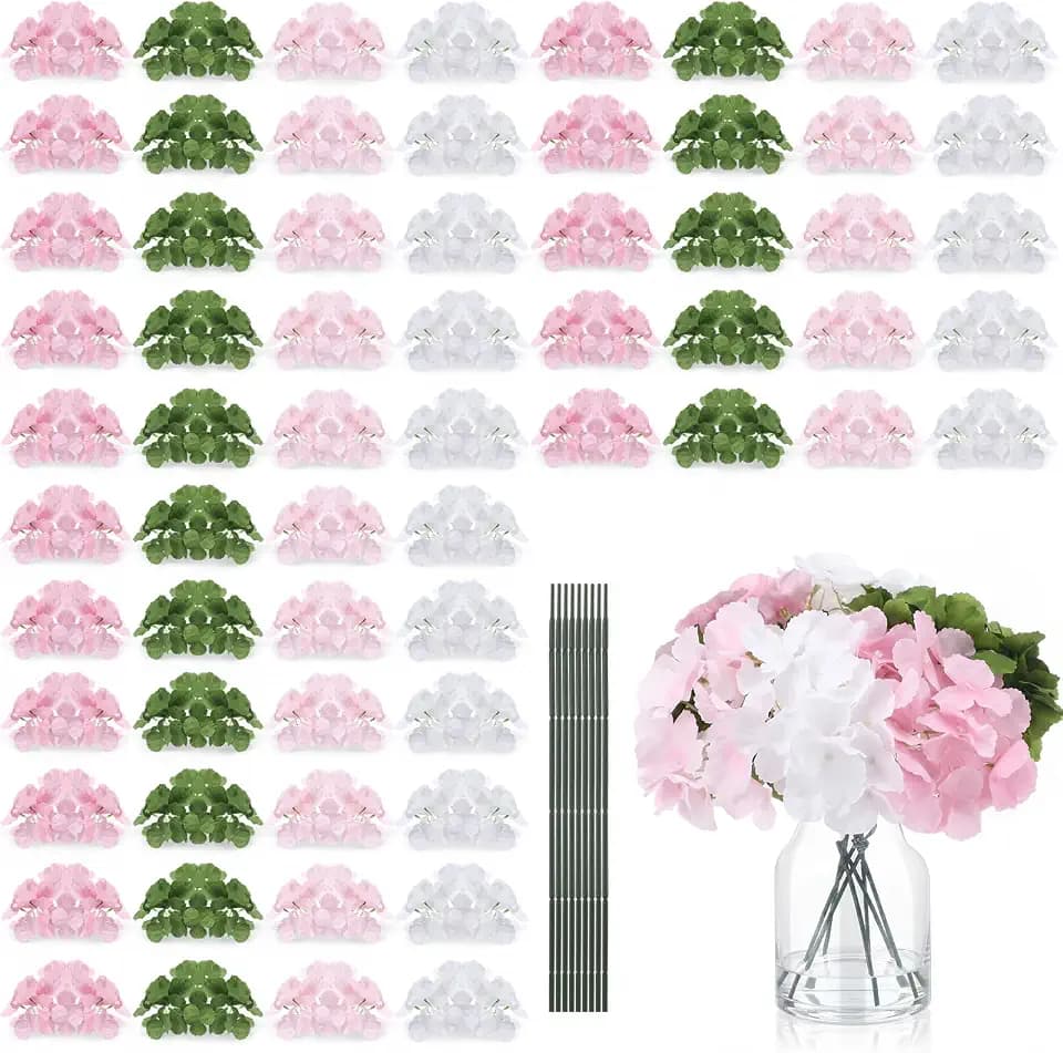 Suncalla 60 Pcs Silk Hydrangea Flowers with Stems,Pink,Green