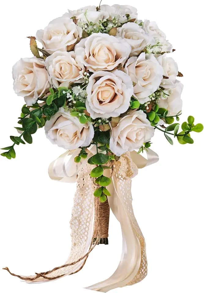 Wedding Bouquets Large for Bride, Wedding Silk Artificial Flowers 14pcs White Champagne Roses 10 in Fake Flowers for Wedding Party, Ceremony, Anniversary & Home Decor(Come with 4 kinds of Ribbons)
