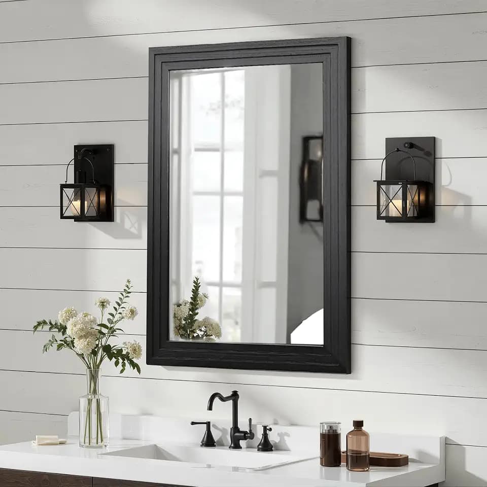 Farmhouse Rustic Wood Framed Bathroom Vanity Mirror for Wall, 20x30, Black