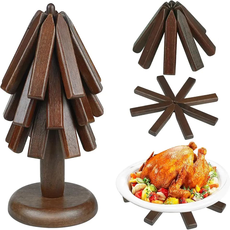 Wooden Trivets for Hot Dishes, Tree Trivets for Hot Pots, 3 Walnut Wooden Tree Coasters for Christmas Home Decor, Foldable Kitchen Wooden Trivet for Hot Bowl&Teapot