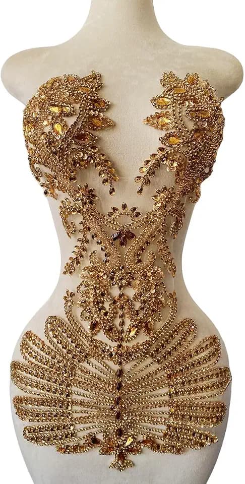 Pure Handmade Beads Rhinestones lace Applique Bodice Patches Trimming sew on Sequins Stones Beads Shining Heavy Decoration for Wedding Dress DIY Accessories 14.5X24.8inches (Champagne)