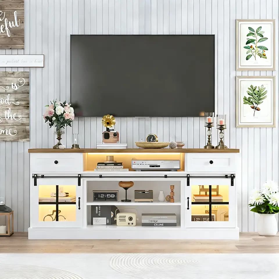 Garvee Farmhouse TV Stand for 80" TVs, Media Console Table with 2 Drawers, Power Outlets, Led Light, Barn Doors, Entertainment Center with Adjustable Shelves for Home Office, 66" w, White+Brown Top