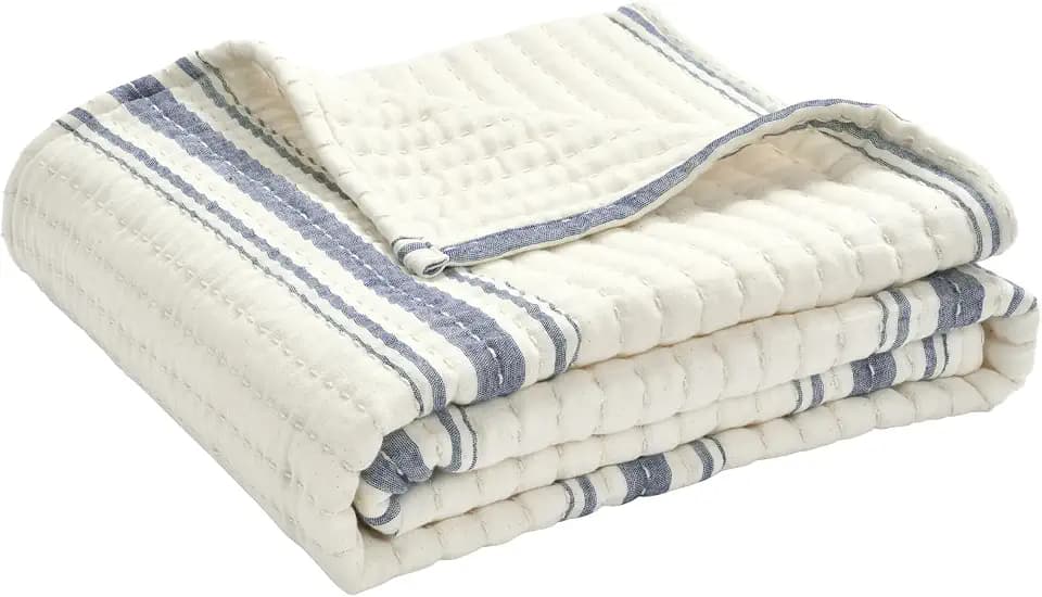 Lush Decor Farmhouse Stripe Kantha Pick Stich Yarn Dyed Cotton Woven Throw Reversible Ticking Pinstripe Design Blanket, 50" x 60", Navy