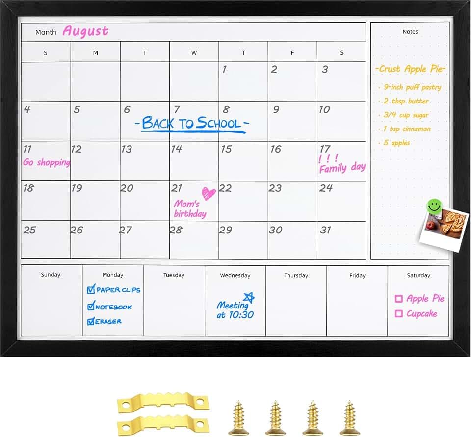 3-in-1 Dry Erase Calendar for Wall, 31.5x23.6 inches Magnetic Surface Monthly & Weekly Planner Whiteboard, Dry Erase Board with Black Wood Frame, Hanging White Board Calendar(YL+ZL-BK,6080)
