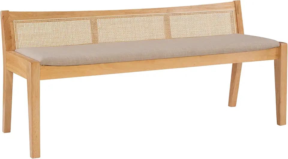 Powell Kasi Natural Low Back Cane Bench with Beige Upholstered Seat