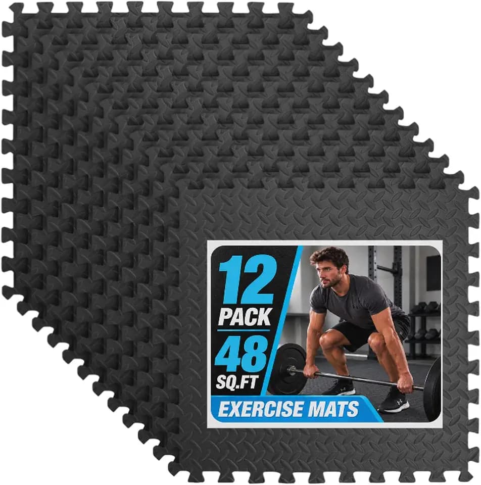 Art3d EVA Puzzle Exercise Mats, 24"x24", 1/2" Thick,12-Pack,Black