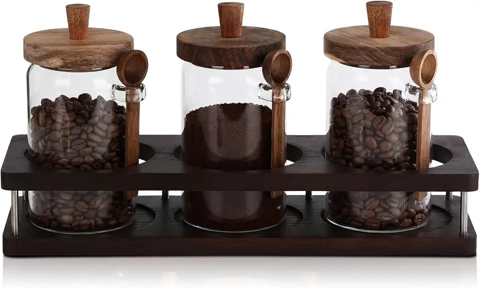 Suclain 3 Pcs Glass Coffee Bean Container 29 oz Airtight Coffee Canister with Shelf and Measuring Spoon Kitchen Food Canister Jar for Sugar Candy (Retro Style, Wood, Glass, Stainless Steel)