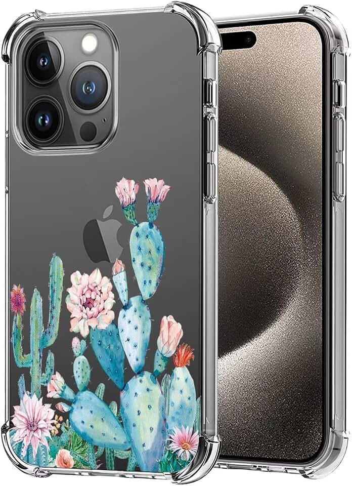 Hülle für iPhone 15 Pro Max Handyhülle für Mädchen Frauen, Transparentes Blumenmuster Soft Flexible TPU Slim Handy Schutzhülle für iPhone 15 Pro Max Kaktus