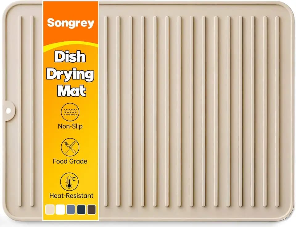 Songrey Silicone Dish Drying Mat for Kitchen Counter, 16" x 12", Beige