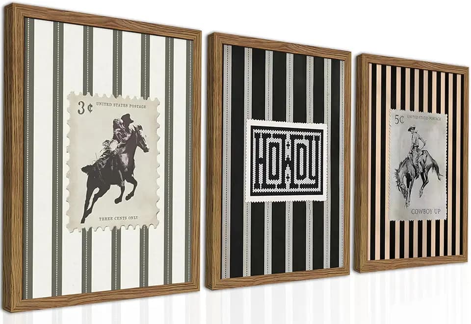 Framed Vintage Western Cowboy Wall Art Set of 3, Retro Cowboy Stamp and Stripe Prints, Classic Mid Century Riding Canvas Artwork, Rural Western Wall Decor for Living Room Bedroom Office 12x16in