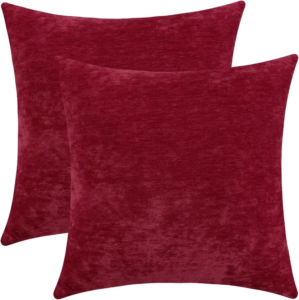 Wine Red Cozy Soft Throw Pillow Covers, Burgundy Decorative Chenille Square Couch Cushion Cases for Sofa Decor, Set of 2, 18 x 18 Inches