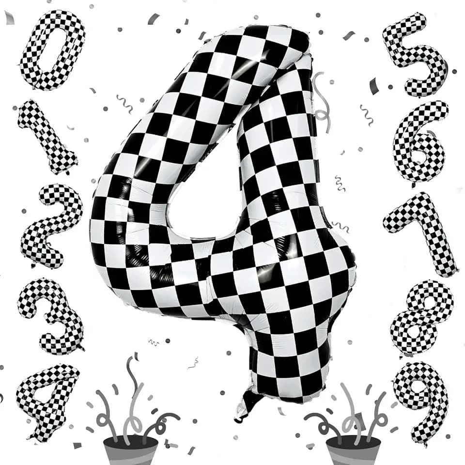 Large Foil Number 4 Balloons, 40 Inch Black and White Checkered 4 Balloon for Boys, Helium Self Inflating Checkered Racing 4 Balloons for Kids Girl 4th Birthday Race Car Flag Party Decoration Supplies