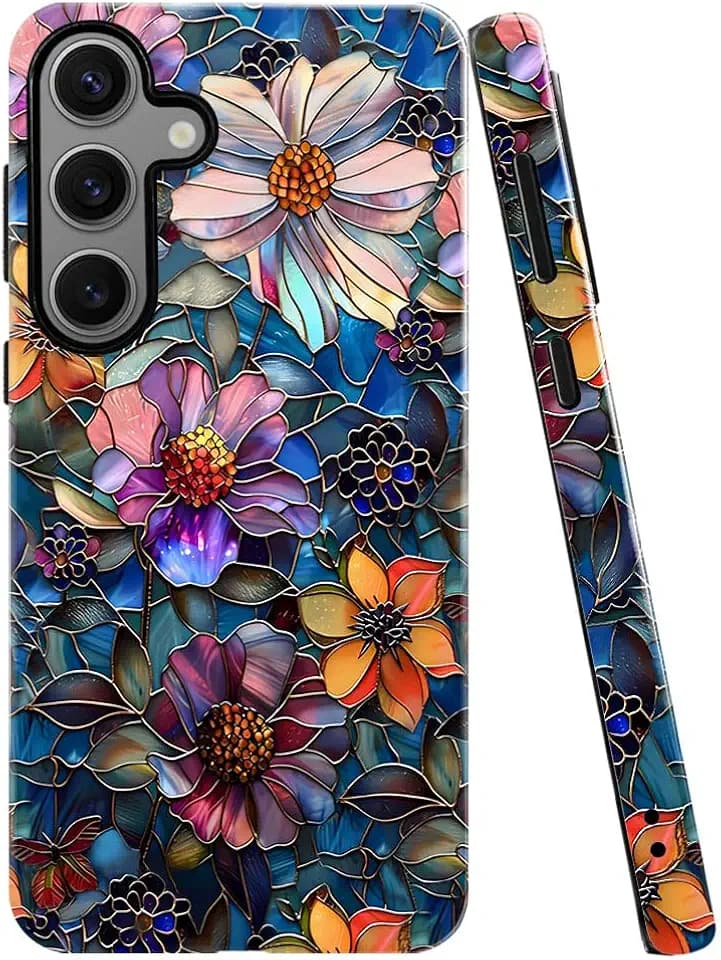 Case for Samsung Galaxy S24 Plus,Colorful Floral Flower Art Phone Case Drop Resistant Glossy 2 in 1 Solid Dual-Layer Cover for Girl Women