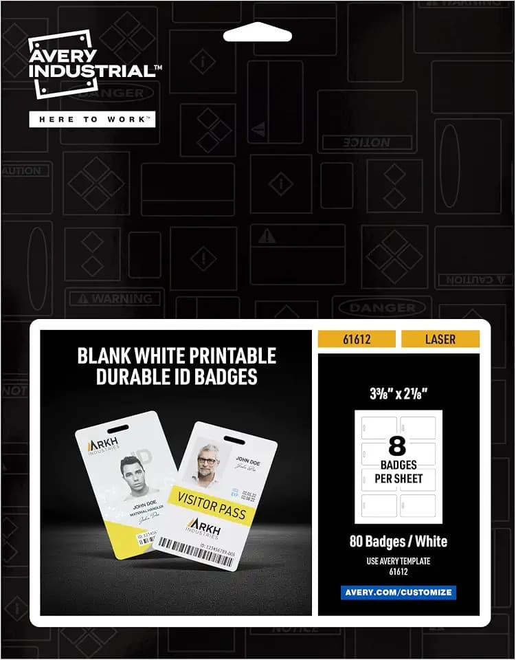 Avery Durable Tall ID Badges for Lanyards, Laser Printable on Both Sides, Blank White, 80 Total, 3.375" x 2.125" (61612)