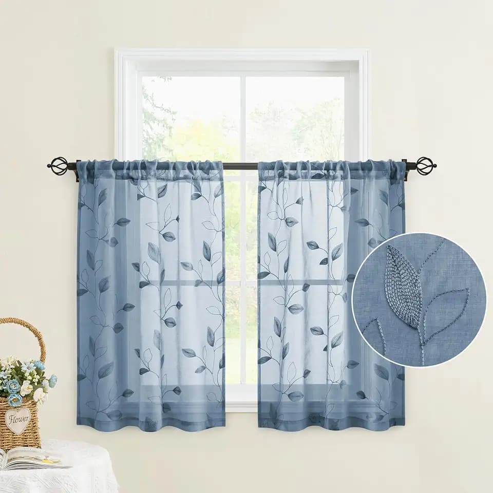 HOMEIDEAS Stone Blue Kitchen Tier Curtains Leaf Embroidered, 30x36, 2 Panel