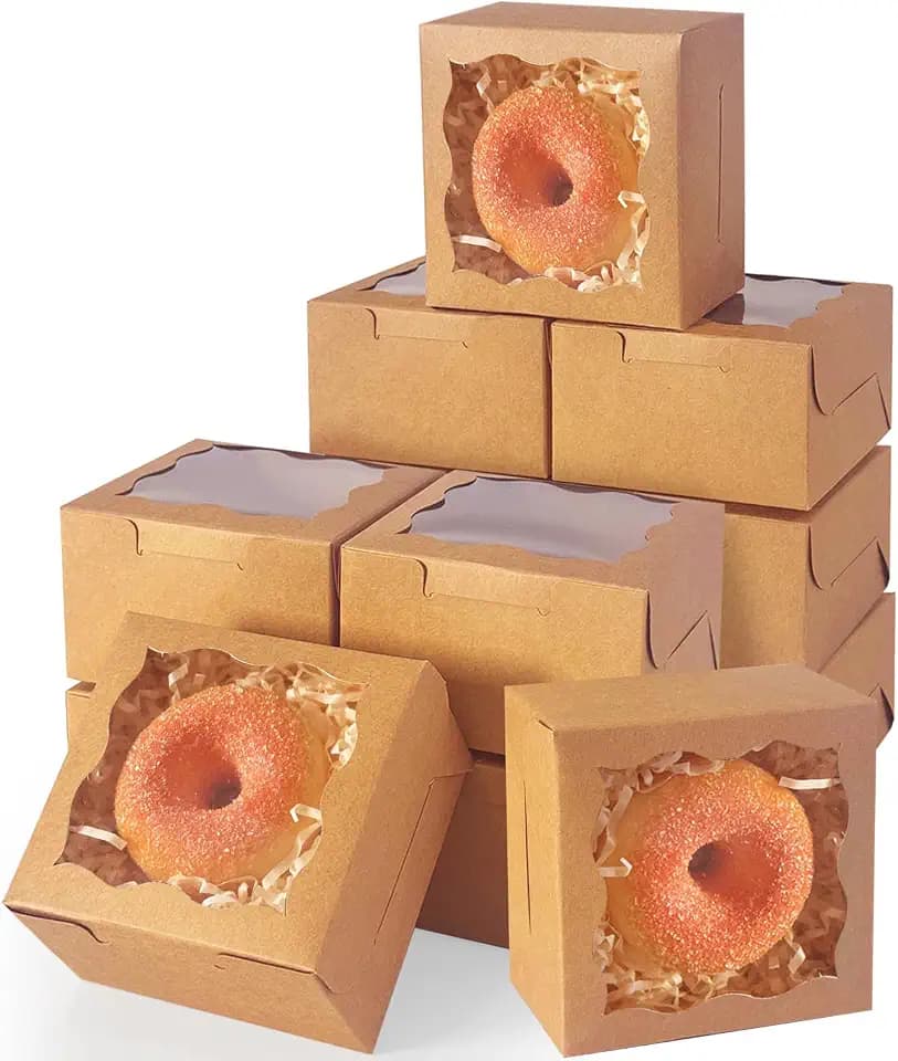 qiqee 200Pcs Brown Bakery Box with Window 4"x4"x2.5" Macaron Boxes Small Donut Pastry Boxes for Party Mini Cookie Boxes