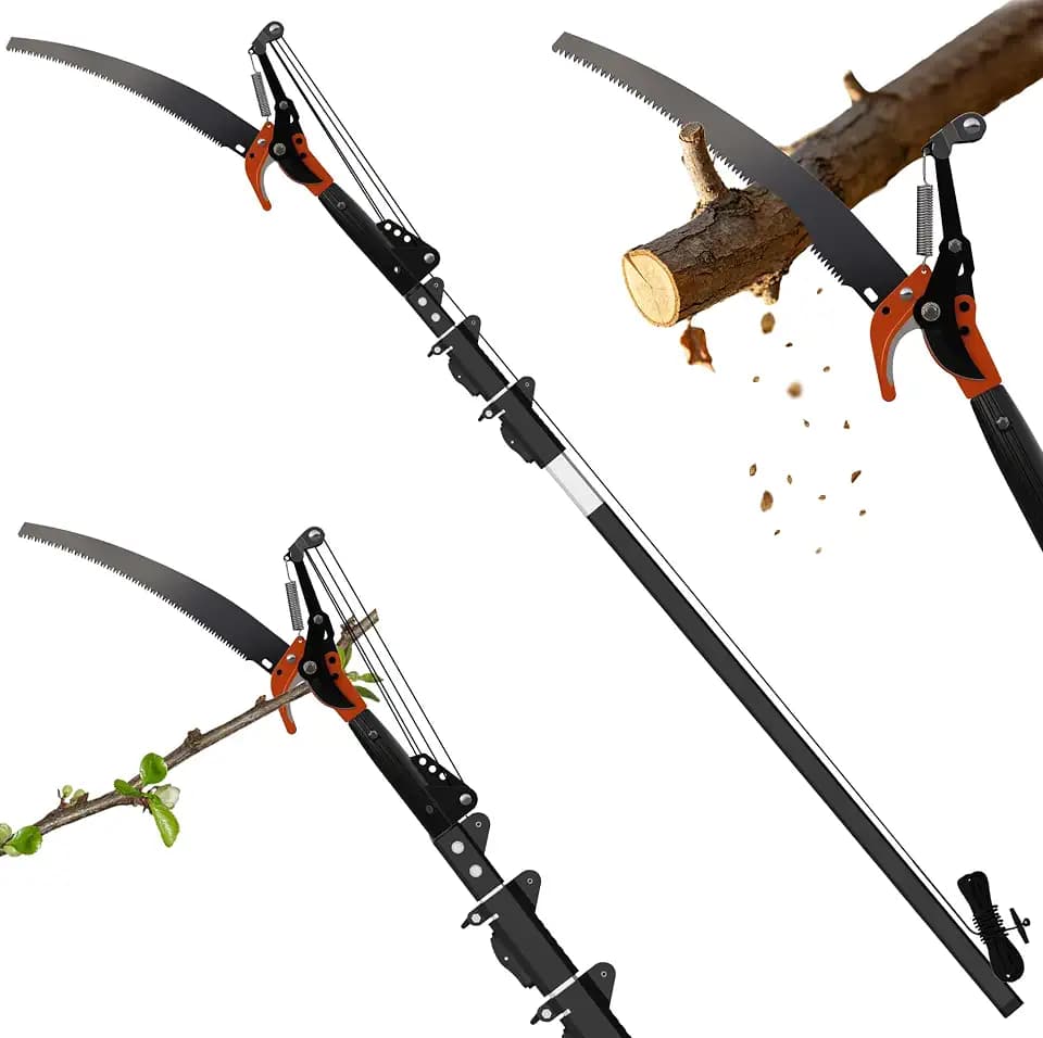 20FT Reach Manual Pole Saw, 2-in-1 Pole Pruner for Tree Trimming, 4-Section 5-12FT Retractable Square Pole, Labor-Saving Pulley & Hardened Steel Blade for Fruit, Palm, High Orchard Branches