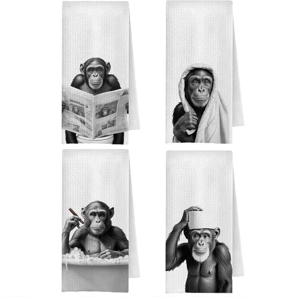 Funny Chimpanzee Monkey Bathroom Hand Towels Set of 4, Funny Bathroom Decor, Animal Lover Gifts Decorative Hand Towels for Bath Room Washroom Spa Decor, 16x24 Inches